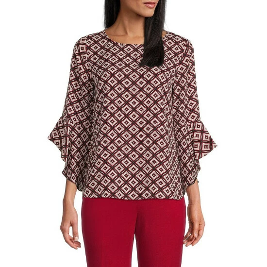 Deals ๐ Kasper Round Neck Ruffle Sleeve Blouse Fire Red Multi โค๏ธ - Image 4