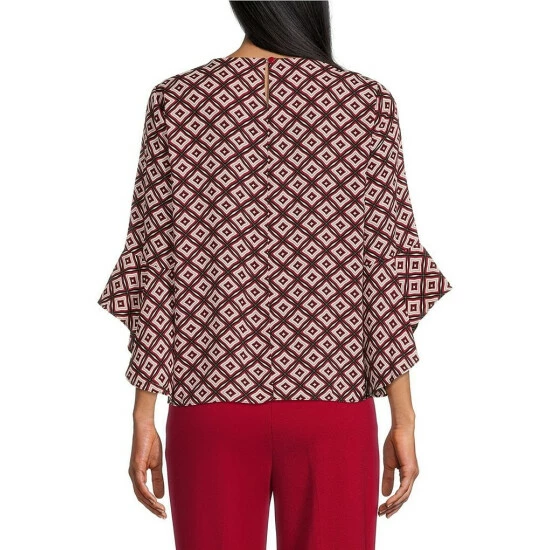 Deals ๐ Kasper Round Neck Ruffle Sleeve Blouse Fire Red Multi โค๏ธ - Image 5