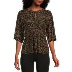 Discount ⌛ Kasper Printed 3/4 Sleeve Crew Neck Front Knot Tie Blouse Black/marigold Combo ⌛