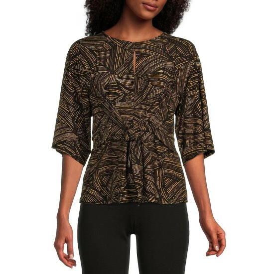 Discount β Kasper Printed 3/4 Sleeve Crew Neck Front Knot Tie Blouse Black/marigold Combo β