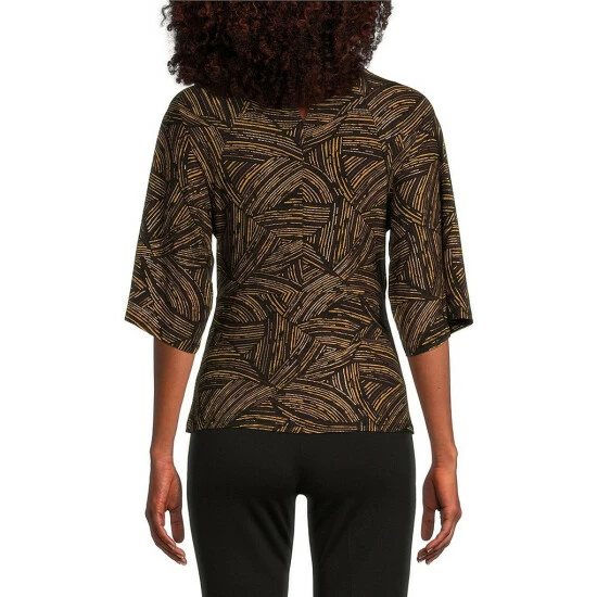 Discount β Kasper Printed 3/4 Sleeve Crew Neck Front Knot Tie Blouse Black/marigold Combo β - Image 2