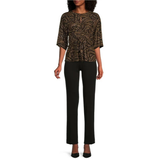 Discount β Kasper Printed 3/4 Sleeve Crew Neck Front Knot Tie Blouse Black/marigold Combo β - Image 3