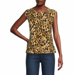 Best Pirce ⌛ Kasper Abstract Printed Keyhole Front Cap Sleeve Round Neck Blouse Marigold Combo 🤩