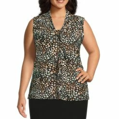 Best Pirce 👍 Kasper Plus Size Tie V-Neck Sleeveless Dot Printed Top Black/sea Glass Combo ❤️