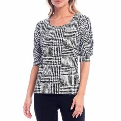 Budget 👏 Kasper Scoop Neck Elbow Puff Sleeve Houndstooth Grid Print Crepe Tee Black/ivory 😍