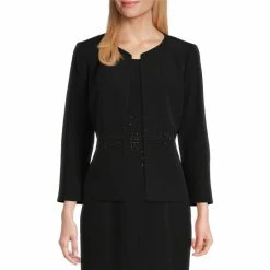 Wholesale 🎁 Kasper Round Neck Embellished Waist Peplum Seamed Open Front Coordinating Jacket Black ⭐