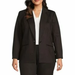 New 🎉 Kasper Plus Size Ponte Notch Collar Long Sleeve Welt Pocket Button Front Blazer Chocolate Combo 🔥