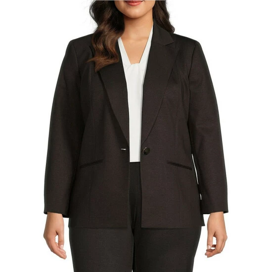 New π Kasper Plus Size Ponte Notch Collar Long Sleeve Welt Pocket Button Front Blazer Chocolate Combo π₯