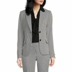 Best Sale 😍 Kasper Petite Size Houndstooth Print Contrasting Notched Collar Flap Pocket Button Front Coordinating Jacket Black/white 👏