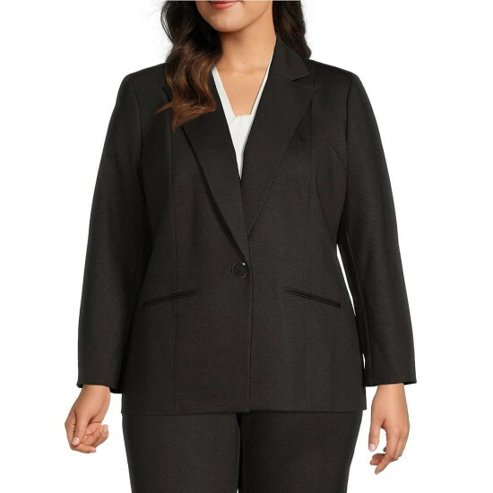 New π Kasper Plus Size Ponte Notch Collar Long Sleeve Welt Pocket Button Front Blazer Chocolate Combo π₯ - Image 4