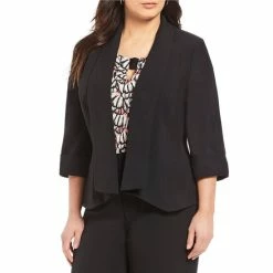 Discount 😍 Kasper Plus Size Crepe 3/4 Sleeve Open Front Jacket Black 👏
