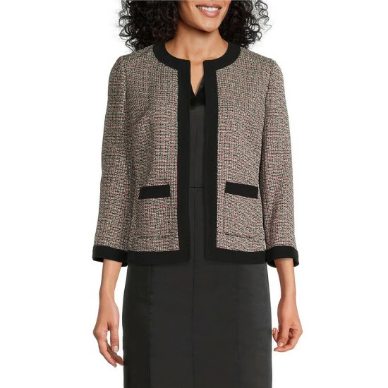 Discount π Kasper Petite Size Metallic Open Front Long Sleeve Patch Pocket Jacket Fire Red Multi π