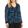 Best Sale 💯 Kasper Plus Size Long Sleeve V-Neck Printed Mesh Cardigan Blue Ribbon Combo 🎉