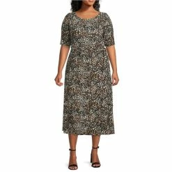Cheap 🧨 Kasper Plus Size Dotted Print Crew Neck Short Sleeve Belted Fit And Flare 👗 Dress Black/sea Glass Combo 🔥
