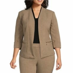 Best Sale 💯 Kasper Plus Size Open Front 3/4 Rolled Sleeve Zip Pocket Jacket Cypress Grey ✨