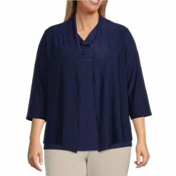Coupon ⌛ Kasper Plus Size 3/4 Sleeve Open Cardigan Kasper Navy 😍