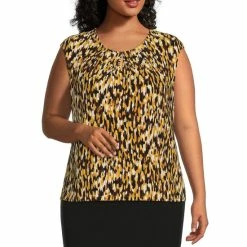 Best deal 😀 Kasper Plus Size Abstract Print Stretch Knit Jersey Crew Neck Cap Sleeve Blouse Marigold Combo 🔔