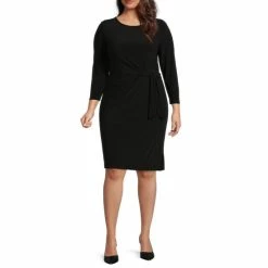 Brand new 🧨 Kasper Plus Size Tie Front Sheath Jewel Neck Long Sleeve 👗 Dress Black ⌛
