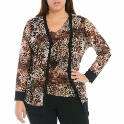 Deals 😉 Kasper Plus Size Button Front Animal Mesh V-Neck Long Sleeve Coordinating Cardigan Chocolate/doe Combo ❤️