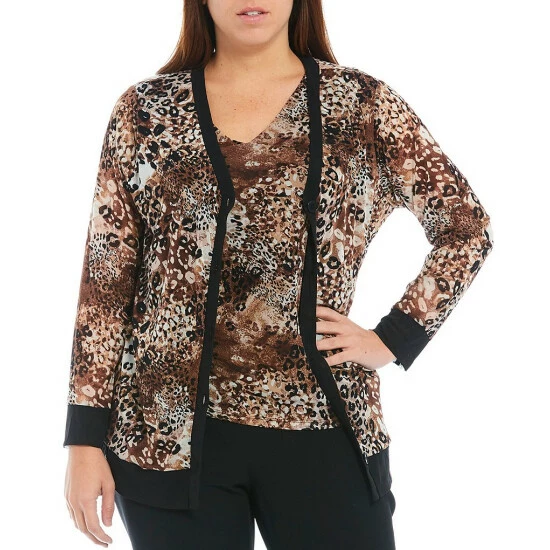 Deals 😉 Kasper Plus Size Button Front Animal Mesh V-Neck Long Sleeve Coordinating Cardigan Chocolate/doe Combo ❤️