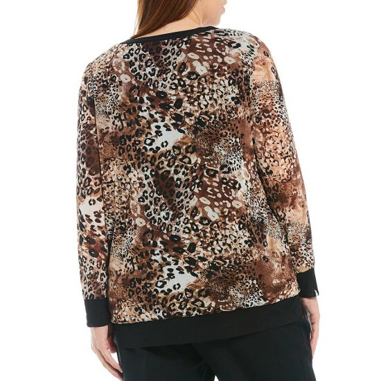 Deals 😉 Kasper Plus Size Button Front Animal Mesh V-Neck Long Sleeve Coordinating Cardigan Chocolate/doe Combo ❤️ - Image 2