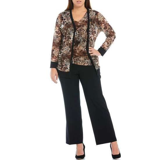 Deals 😉 Kasper Plus Size Button Front Animal Mesh V-Neck Long Sleeve Coordinating Cardigan Chocolate/doe Combo ❤️ - Image 3