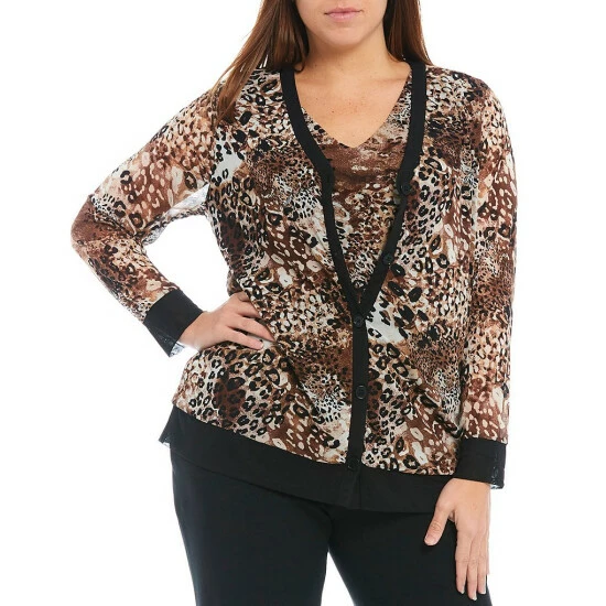 Deals 😉 Kasper Plus Size Button Front Animal Mesh V-Neck Long Sleeve Coordinating Cardigan Chocolate/doe Combo ❤️ - Image 4