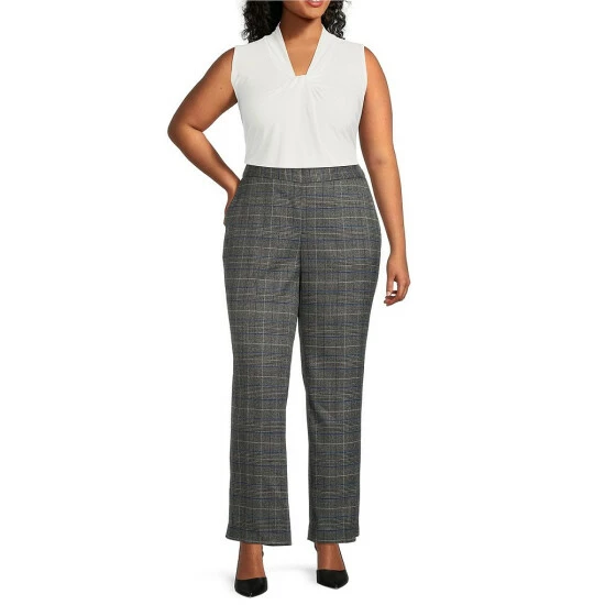 Outlet π Kasper Plus Size Glen Plaid Print Pull-On Elastic Back Flat Front Trouser Pants Royal Blue Combo 𧨠- Image 3
