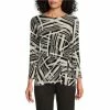 New 👍 Kasper Scattered Stripe Print Tie Front Waist Boat Neck Bracelet Sleeve Blouse Black/vanilla Ice ⌛