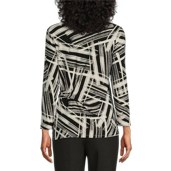 New 👍 Kasper Scattered Stripe Print Tie Front Waist Boat Neck Bracelet Sleeve Blouse Black/vanilla Ice ⌛ - Image 2