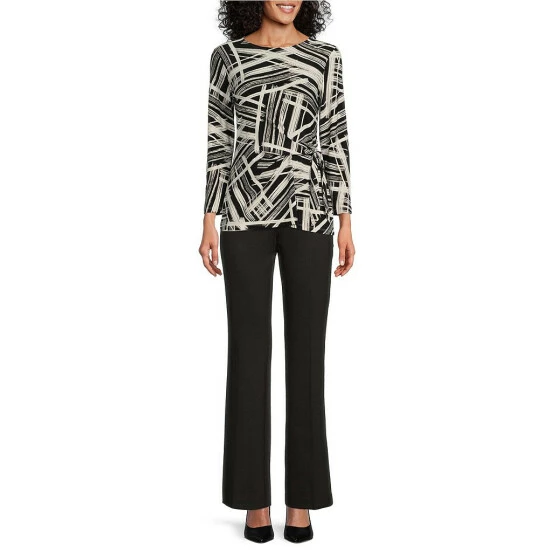 New 👍 Kasper Scattered Stripe Print Tie Front Waist Boat Neck Bracelet Sleeve Blouse Black/vanilla Ice ⌛ - Image 3