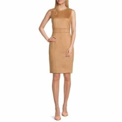 Deals ❤️ Kasper Petite Size Scuba Suede Sleeveless Banded Waist Sheath 👗 Dress Pebble 🧨