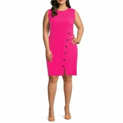 Cheap 🔥 Kasper Plus Size Stretch Crepe Sleeveless Round Neck Asymmetric Snap Sheath 👗 Dress Pink Perfection ⌛