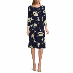 Top 10 ๐ Kasper Petite Size Floral Print 3/4 Sleeve Boat Neck Fit And Flare ๐ Dress Navy Multi ๐