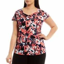 Hot Sale 🎁 Kasper Plus Size Floral Print Short Sleeve Cowl Neck Top Luxe Salmon Combo 🔥