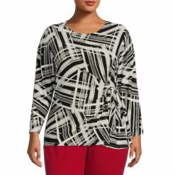 Promo 😍 Kasper Plus Size Scattered Stripe Print Tie Front Waist Long Sleeve Blouse Black/vanilla Ice 🔥