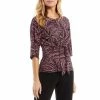 Best deal ⭐ Kasper Printed Elbow Sleeve Knot Front Crew Neck Top Black/cerise Combo ✔️