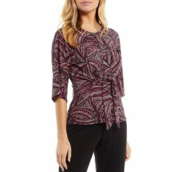 Best deal ⭐ Kasper Printed Elbow Sleeve Knot Front Crew Neck Top Black/cerise Combo ✔️