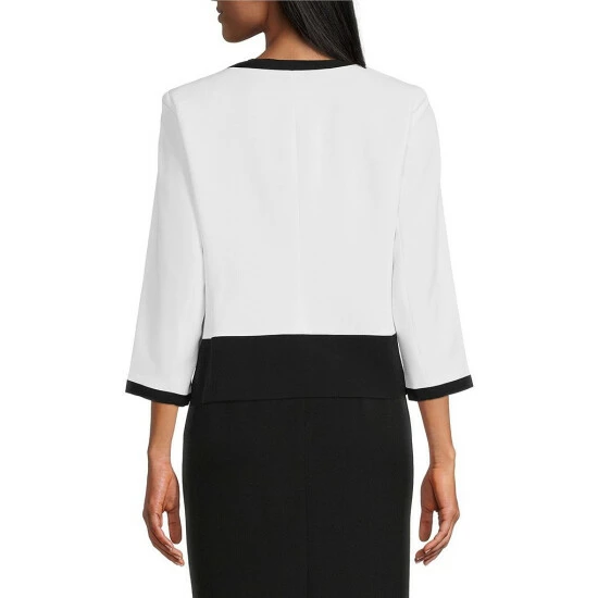 Hot Sale 😍 Kasper Petite Size Color Block Kissing Print Split Round Neck Front Pocket 3/4 Sleeve Jacket Vanilla Ice/black ❤️ - Image 2