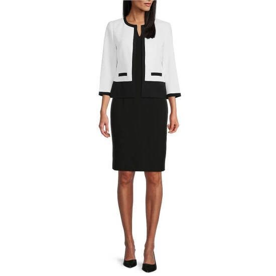 Hot Sale 😍 Kasper Petite Size Color Block Kissing Print Split Round Neck Front Pocket 3/4 Sleeve Jacket Vanilla Ice/black ❤️ - Image 3