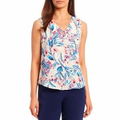 Best deal 👏 Kasper Printed Crepe De Chine Sleeveless Keyhole V-Neck Top Riviera/pink Perfection Combo 😍