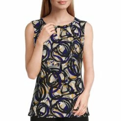Buy 🥰 Kasper Petite Size Circle Printed Knit Sleeveless Pleated Crew Neck Top Royal Blue/marigold Multi 😍