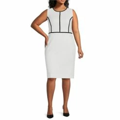 Wholesale 🎉 Kasper Plus Size Stretch Crepe Scoop Neck Sleeveless Combo Framed Coordinating Sheath 👗 Dress Vanilla Ice/black 🎉