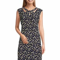 Outlet 💯 Kasper Floral Print Cut-Out Twisted Jewel Neck Top Navy Multi ✔️