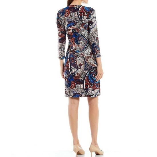 Cheapest π Kasper Printed Surplice V-Neck 3/4 Sleeve Faux Wrap Crepe π Dress Blue Ribbon/henna Combo π₯° - Image 2