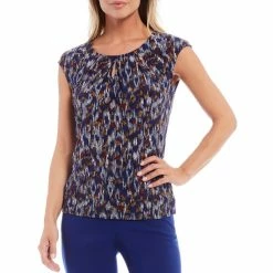 Best Pirce 👍 Kasper Petite Size Scattered Dot Print Keyhole Cap Sleeve Top Twilight Blue Multi ✔️