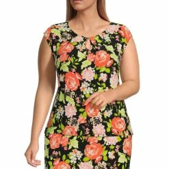 Coupon 😍 Kasper Plus Size Printed Keyhole Neck Cap Sleeve Coordinating Top Black/papaya Combo 😉