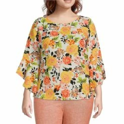 Best Sale ❤️ Kasper Plus Size Floral Printed 3/4 Ruffle Sleeve Round Neck Blouse Lily White Combo 🤩