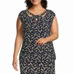 Promo ⌛ Kasper Plus Size Floral Print Short Sleeve Cut-Out Twisted Round Neck Blouse Navy Multi ✨