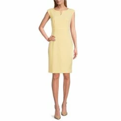 Best deal 🌟 Kasper Petite Size Stretch Crepe Split Round Neck Sheath 👗 Dress Pale Yellow 🤩